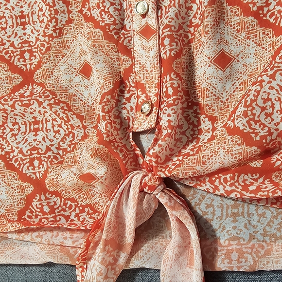Kut From The Kloth | Orange Geometric Sheer Button Down Blouse - Picture 9 of 10